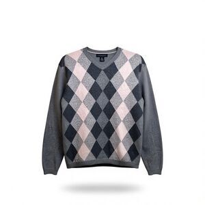 Banana Republic V-Neck Sweater Argyle Pink Gray‎ Silk Cashmere Elbow Patch Small